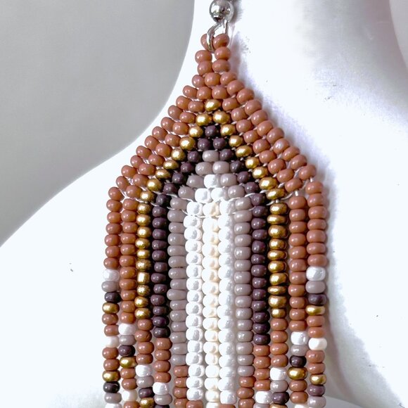 Hand Beaded Neutral Brown Earthy Colors Metallic Gold Tassel Dangle Earrings - Picture 2 of 6
